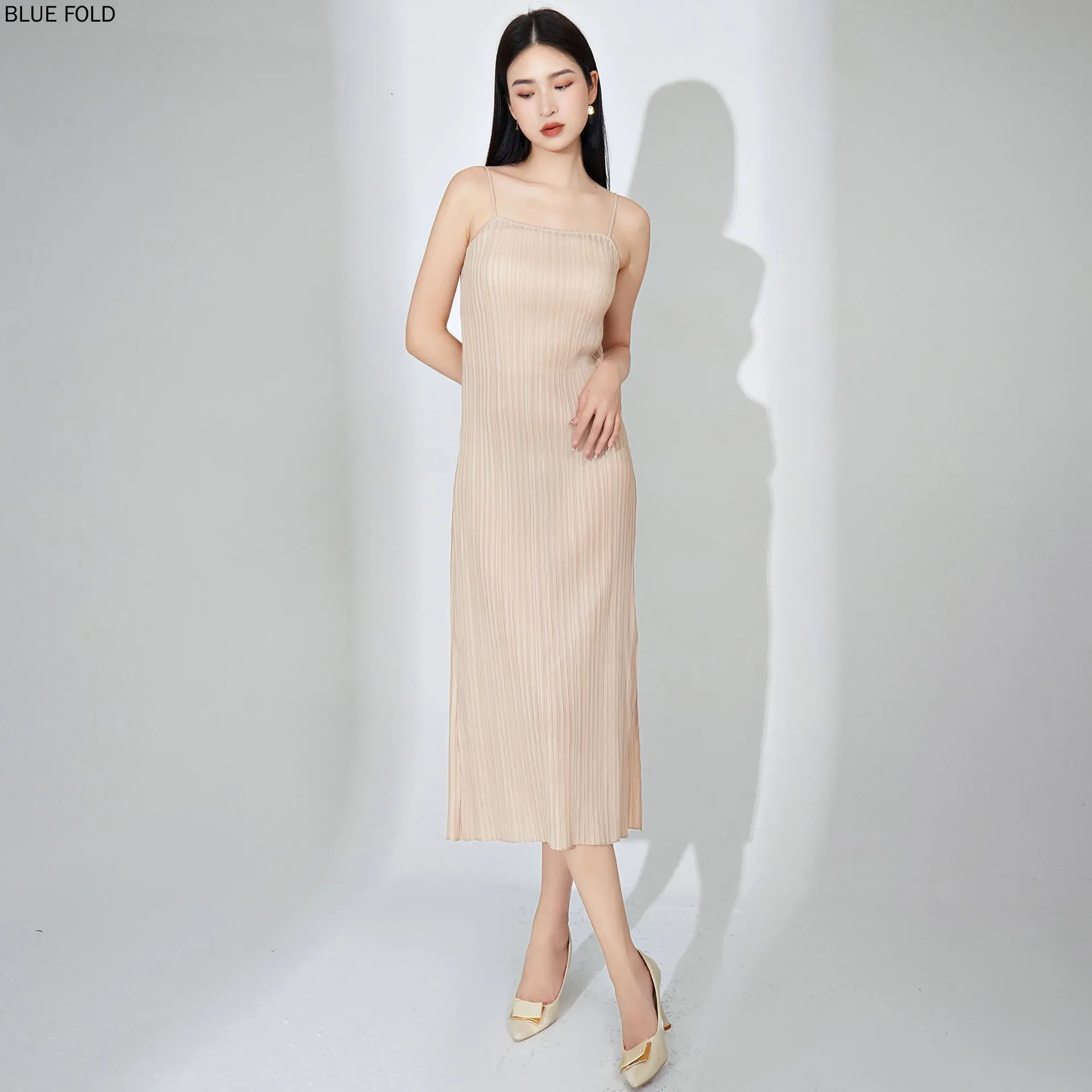 MIYAKE-Sexy Slip Dress for Women Elegant Mid-Long Slit Thin Pleated Dress Design Sense Small Crowd Temperament New Style Summer