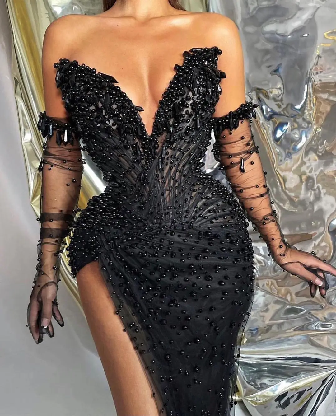 Sexy Diepe Zijde Split Champagne Feestjurk Off Shoulder Rode Lange Mouw Celebrity Jurk Dubai Zwarte Speciale Gelegenheid Jurken