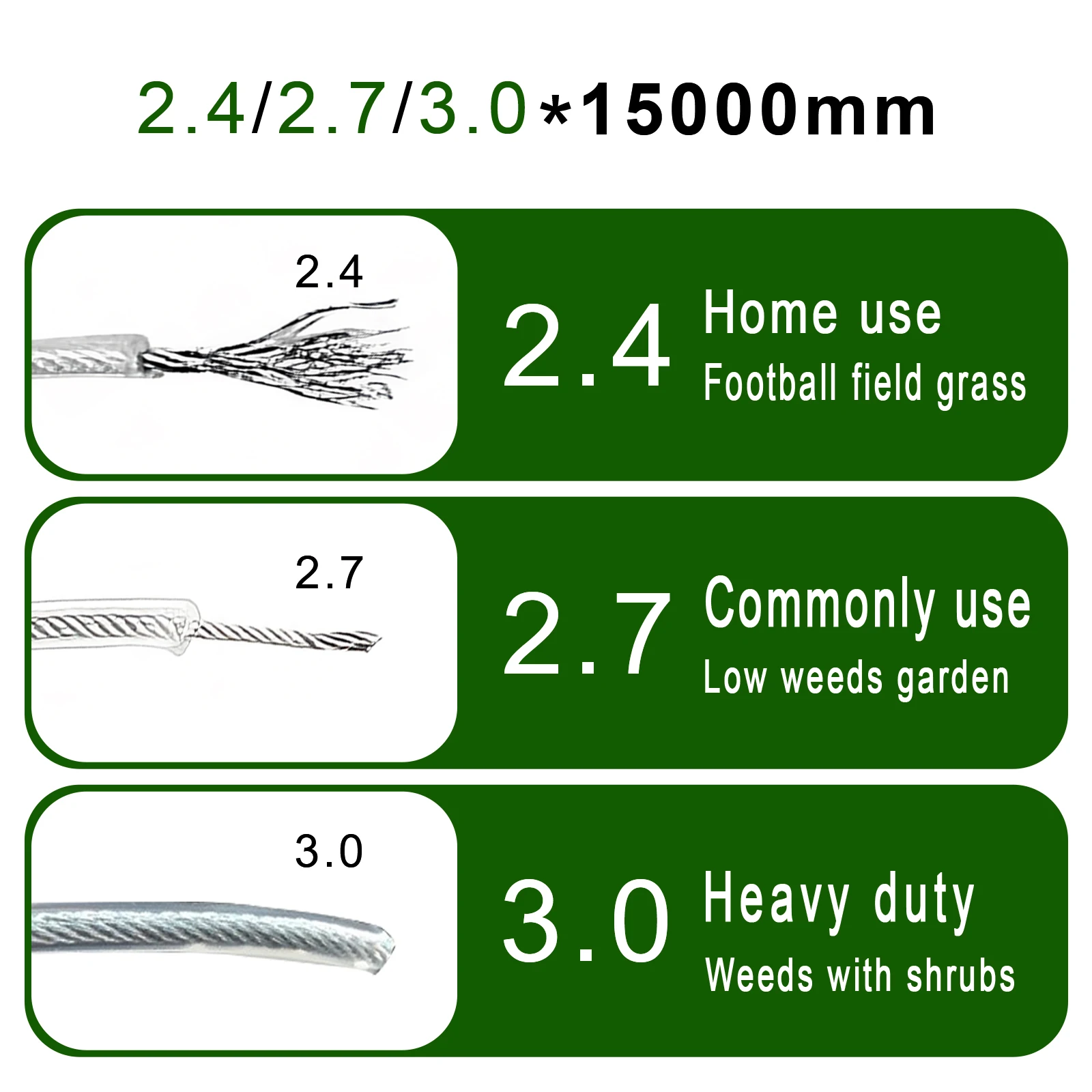 Imagem -04 - Durable Nylon Grass Trimmer Linha Fio de Aço Brushcutter Corda Lawn Mower Cord 2.4 mm 2.7 mm 3.0 mm 4.0 mm x 15m