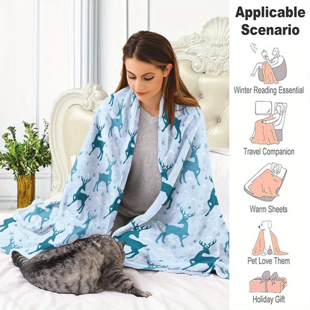 1 بطانية من الفلانيل مطبوعة على شكل غزال الرنة وندفة الثلج - دافئة ومريحة، مثالية للأرائك والمكاتب والأسرة والتخييم وعيد الميلاد. #3