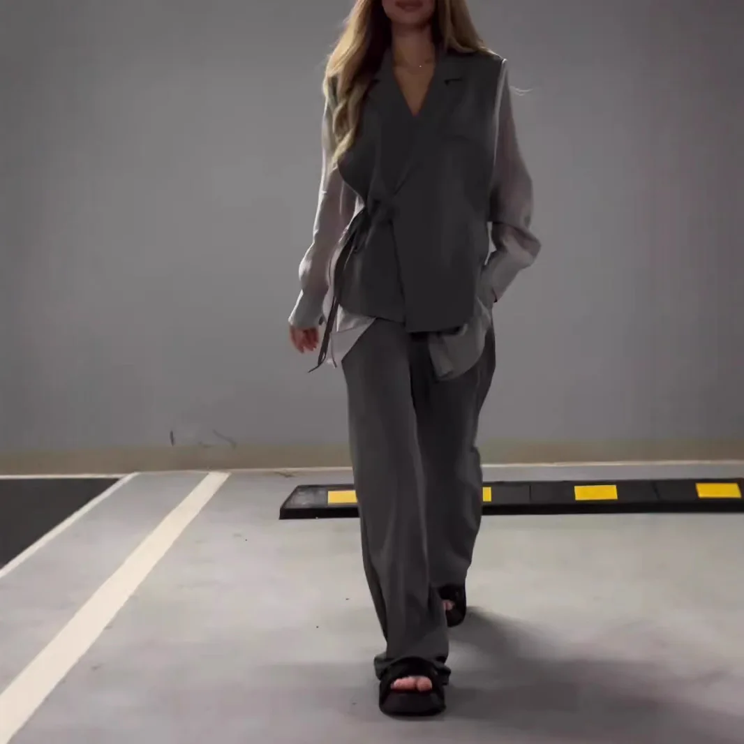 Lässiges Patchwork-Blazer-Hosen-Set für Damen – Locker sitzende, einfarbige Jacken mit Revers und Schnürung, weite Hosen, Damenanzug für Sommer und Herbst 2026