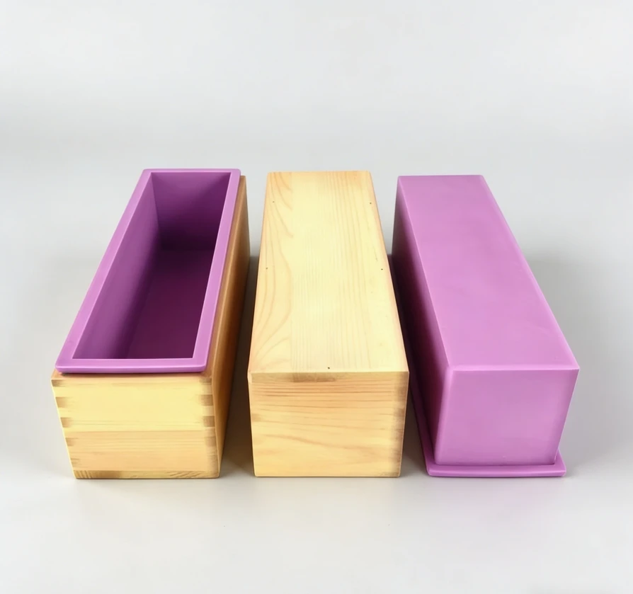 

Flexible Silicone Soap Mold Rectangular Loaf Design with Wood Box for Soap Making