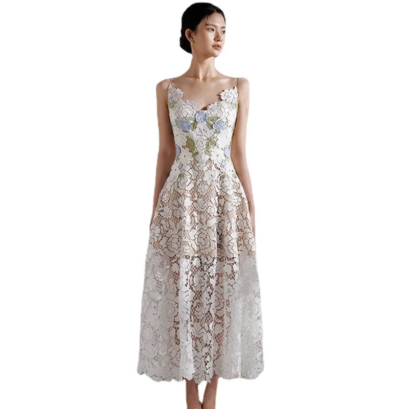 2024 Summer Women's Suspender Dress Hollow Lace Embroidered 3D Flower Sleeveless V-neck Backless High Waist Sling Long Dresses