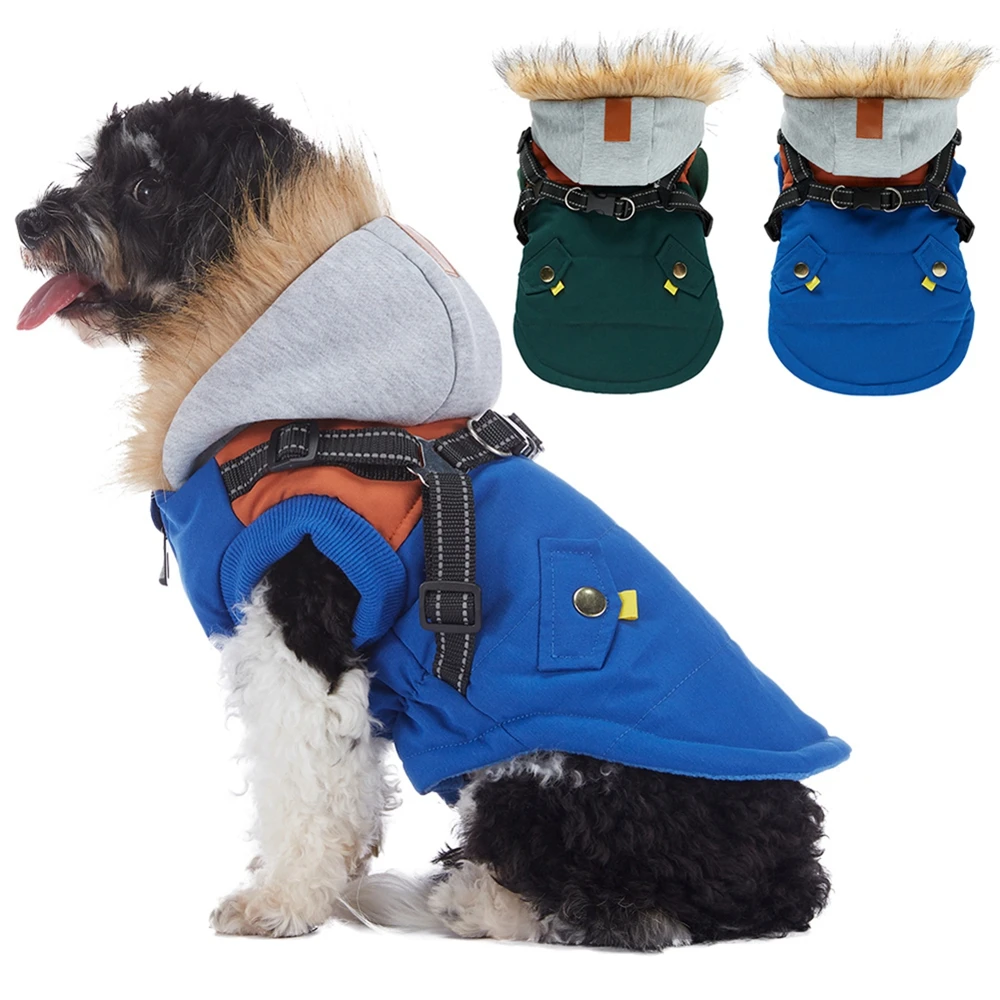 Winter Pet Dog Hooded Jacket With Harness Waterproof Warm Dog Clothes for Small Medium Dogs Coat Chihuahua French Bulldog Outfit