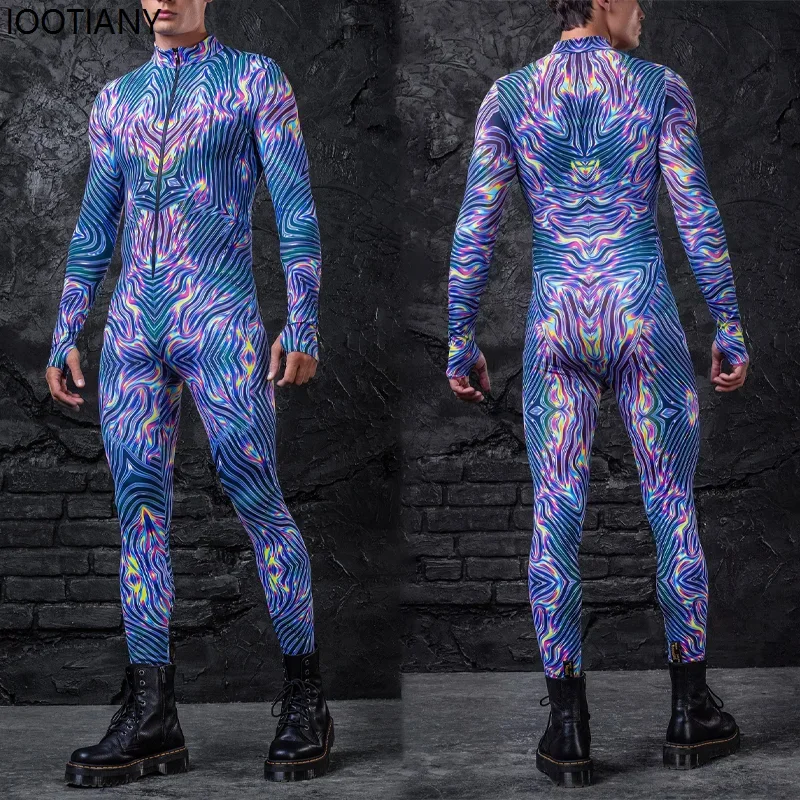 

CosplayMen Sexy Cyber Line 3d Printing Jumpsuit Halloween Punk Bodysuits Carnival Party Stage Performance Zentai Suit Festival C