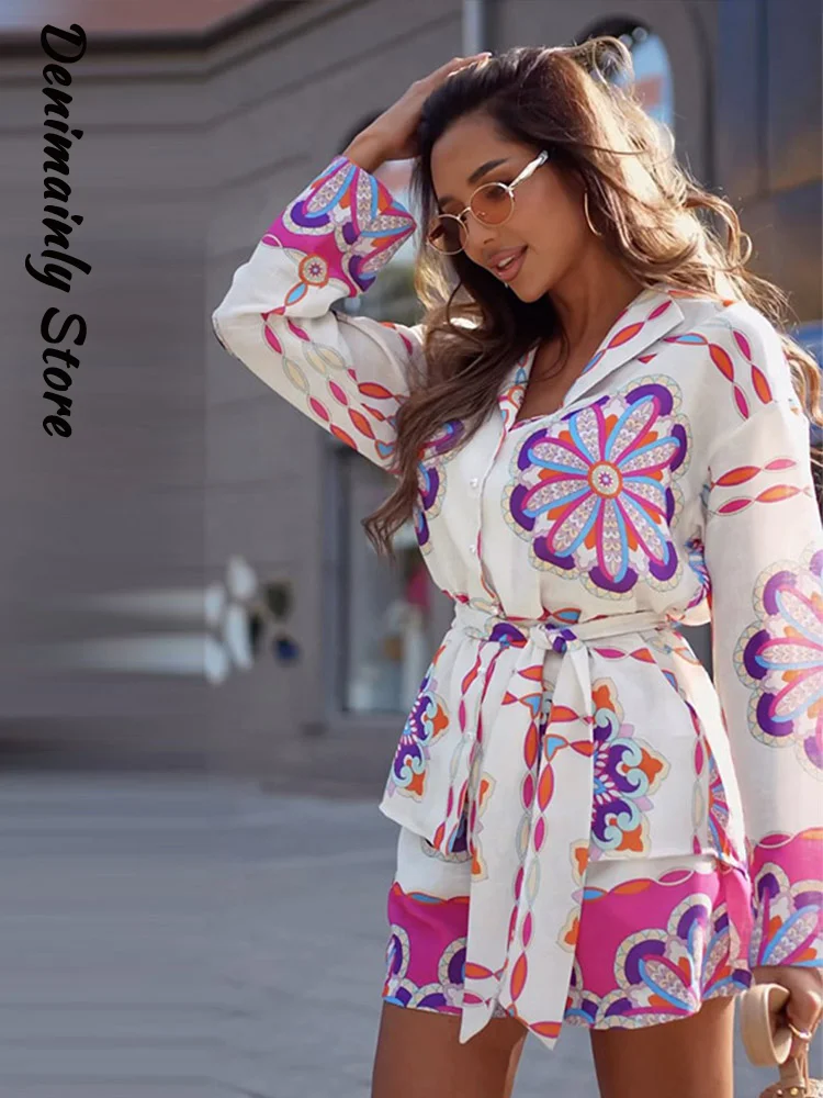 

Chic Printed Belt Shorts Set Women V-neck Full Sleeve Lace Up Shirt Straight Short Pants 2025 Summer Lady 2 Pieces Suit