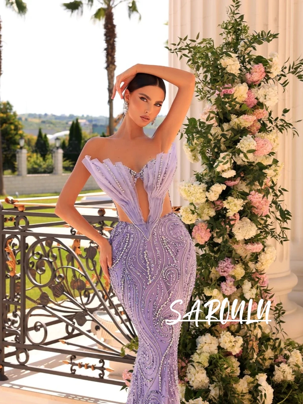 

Light Purple Mermaid Beading Evening Dress Richly Sexy V Neckline Customized Exclusive Ruched Shimmering Cocktail Gown
