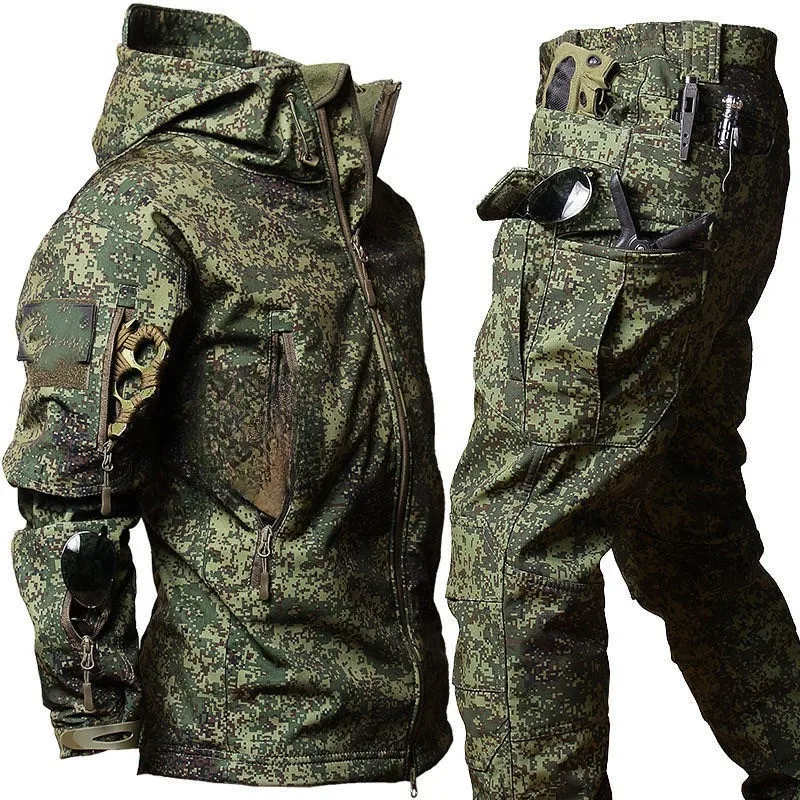 

Mens Camo Tactical Sets Sharkskin Waterproof Hooded Zipper Jackets Multi-pocket Softshell Outdoor Pants Winter Fleece Cargo Suit