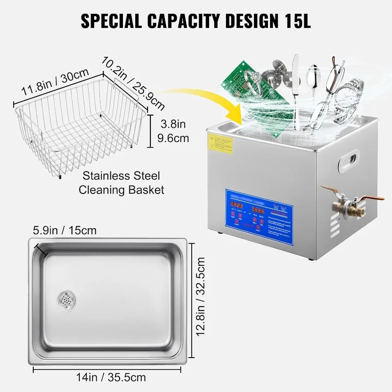 VEVOR 15L Pulitore ad Ultrasuoni con Timer Digitale e Riscaldatore, 40kHz 110V per Chiave Cacciavite Strumenti di Riparazione Parti Industriali Mentale