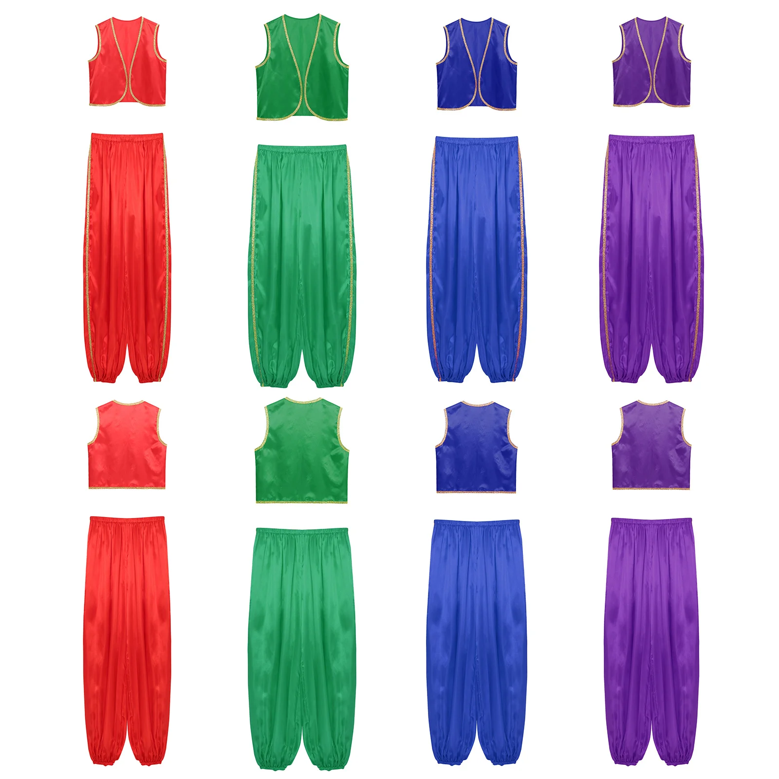 Mens Halloween Arabian Prince Costume Open Front Vest and Elastic Waist Pants Outfits Fairytales Cosplay Indian Dress Up Suits