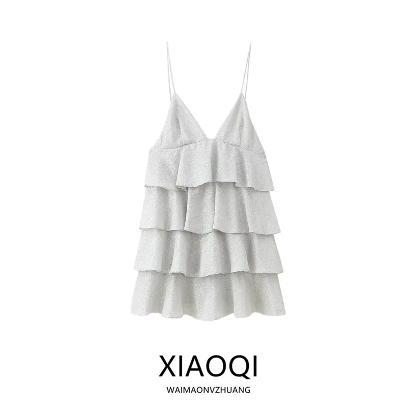 Verão nova chegada fena alça curta com decote em v em camadas decoração vestido bolo saia cintura alta estilo doce sem ma...