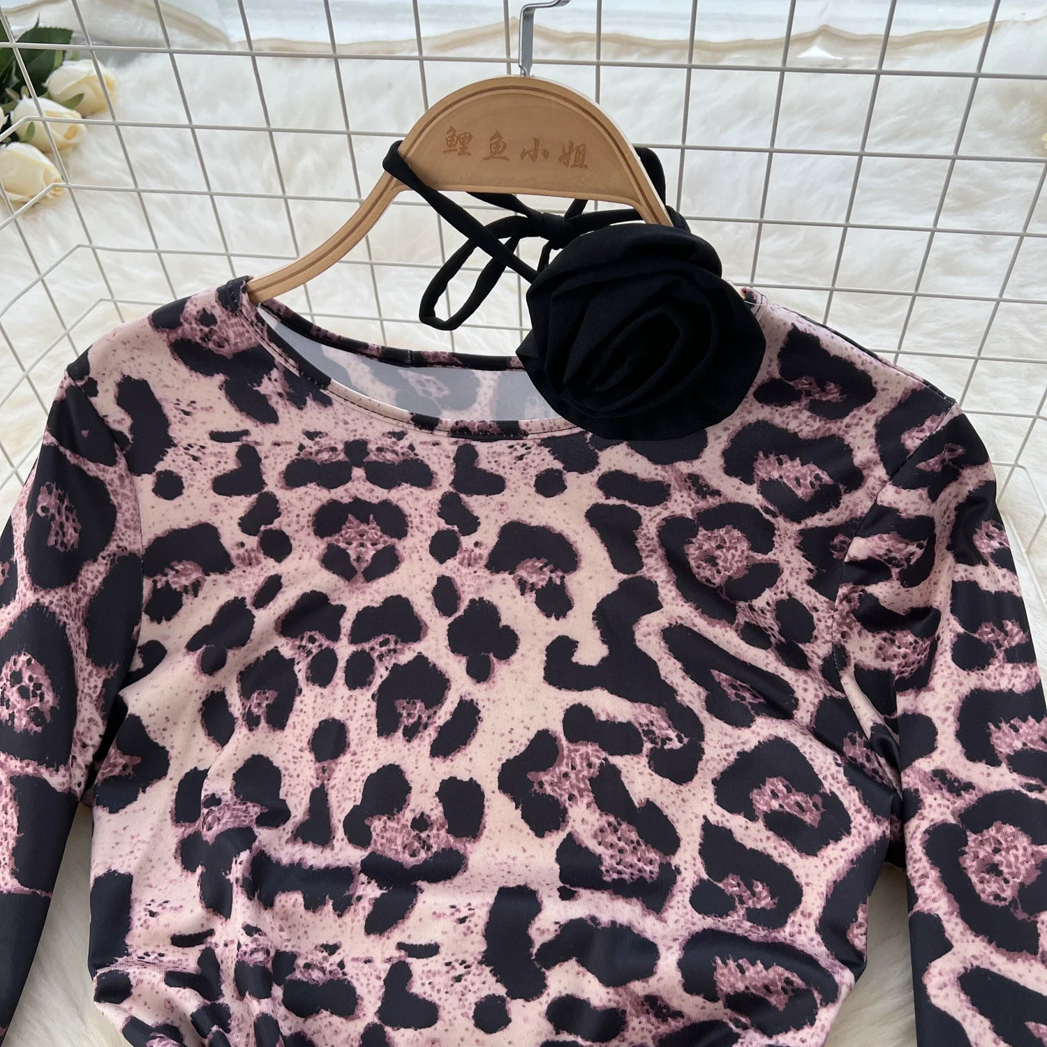 Elegant O-neck Halter Floral Vintage Long Sleeve Chic Leopard Slim Pleated Dresses French Evening High Street Autumn Clothing