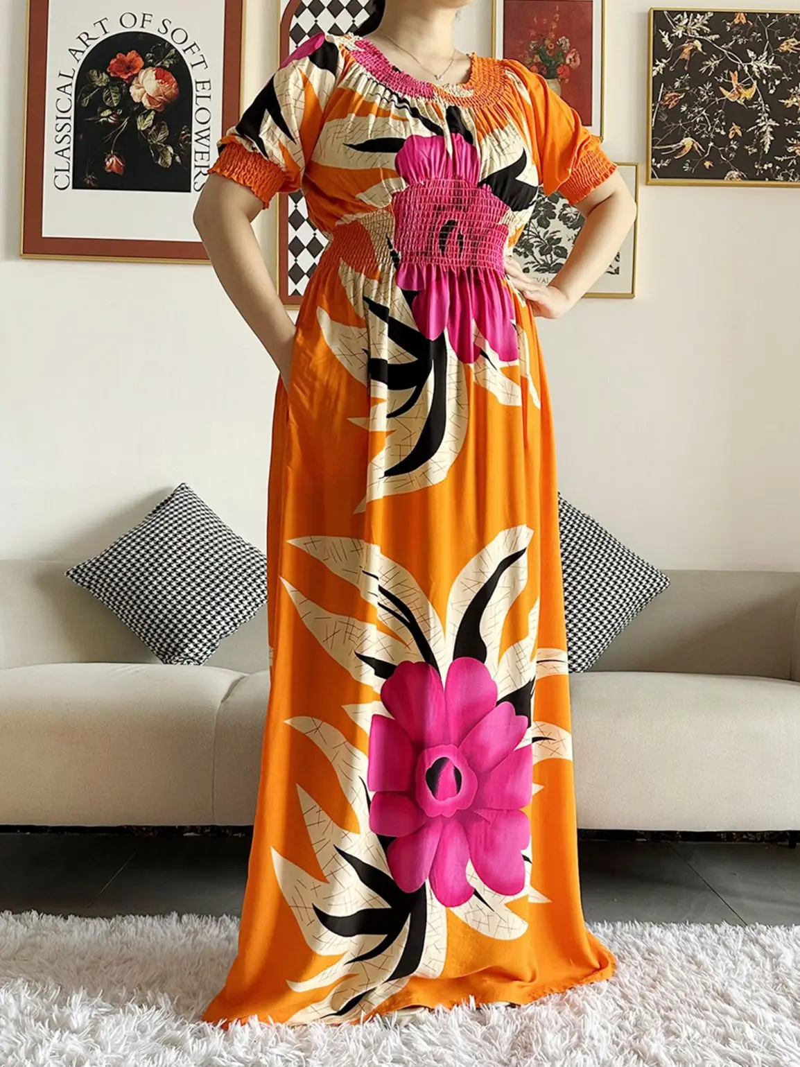 High Quality New African Women Dashiki Cotton Floral Dress Printing Short Sleeve Collect Waist Straight Loose Dress with Scarf