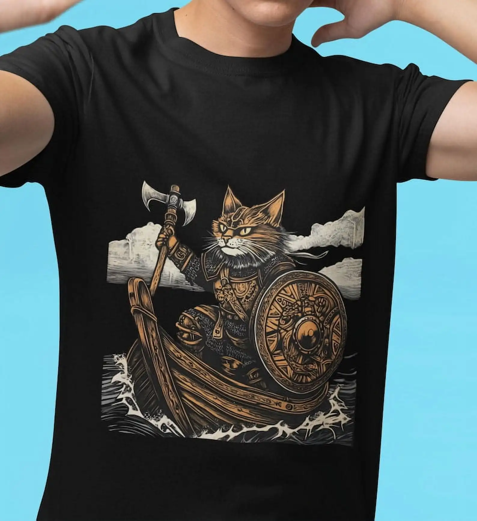 Norse Mythology Nordic Cat Warrior Graphic T-Shirt 100% Cotton O-Neck Short Sleeve Summer Casual Mens T-shirt Streetwear