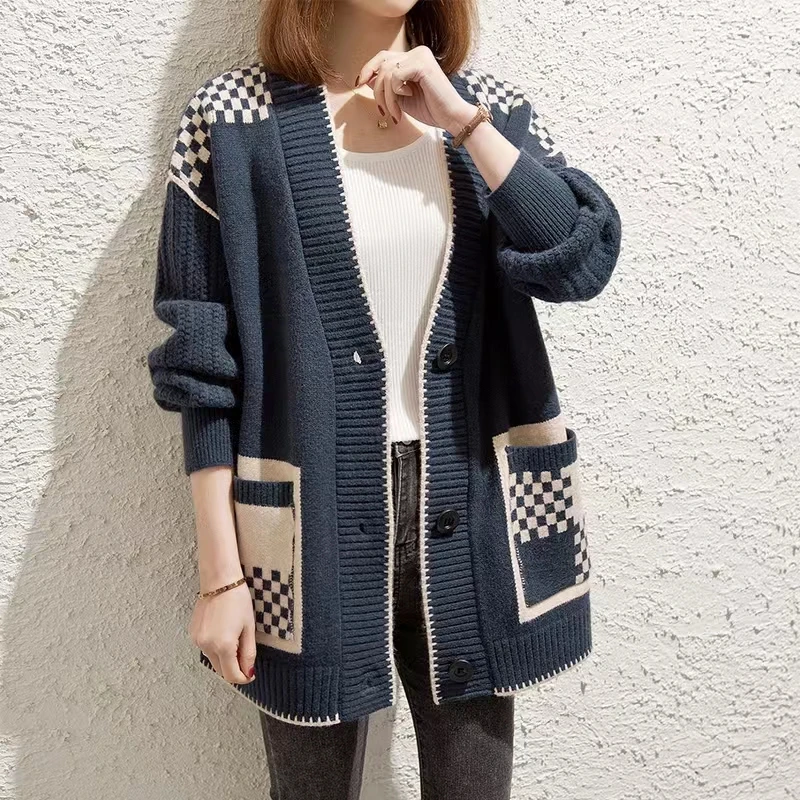 Autumn Winter Elegant Women Sweater Jackets V-neck Knitted Cardigan Long Sleeve Printed Casual Loose Coats Outwear Clothing