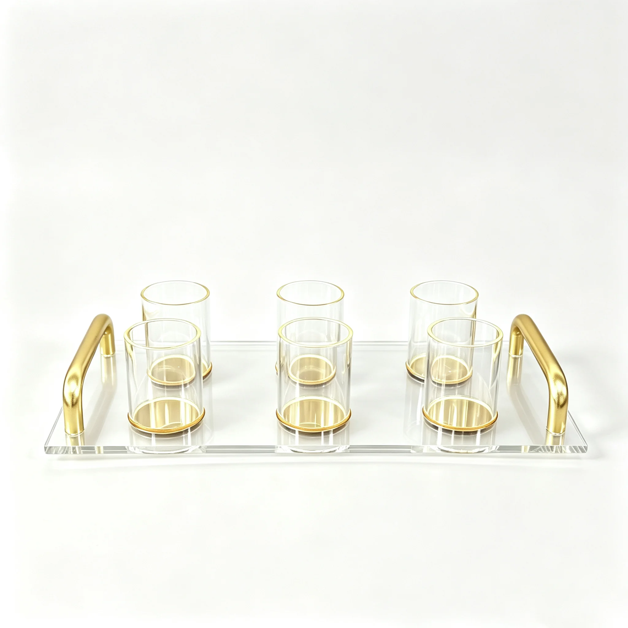 Judaica Clear Acrylic Tray and Six Cups with Gold Handles For L'chaim Shabbat Kiddush Jewish Family Table Decoration