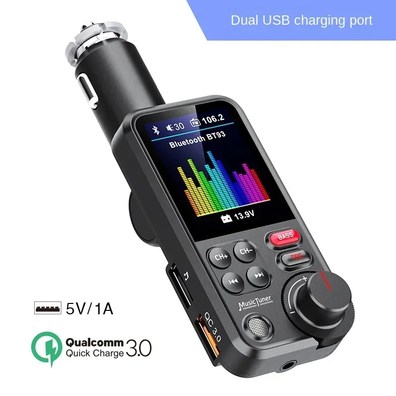 Bluetooth Car Wireless FM Transmitter Radio Adapter Aux QC3.0 Charging Treble Bass Sound Music Player 1.8"QC3.0 PD USB Cables