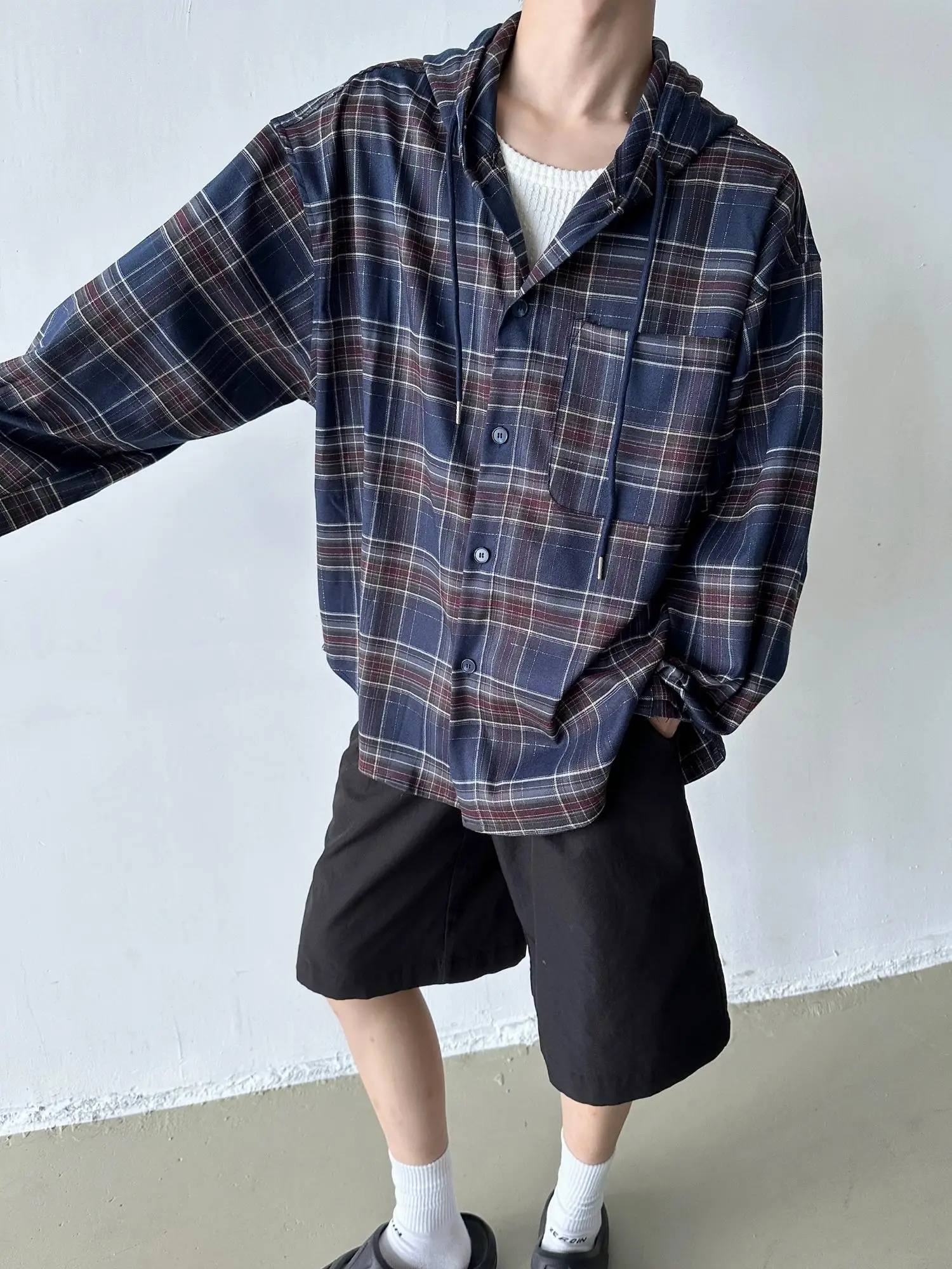 

Retro Lazy Loose Blue Plaid Hooded irt Men Casual Long Sve irt Jaet Trendy Autumn 2024 Loose Fit Daily Wear