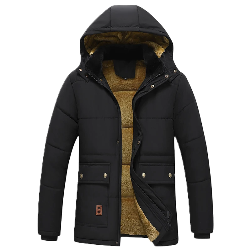 New Casual Men Winter Parka Fleece Lined Thick Warm Hooded Fur Collar Coat Male Size 5XL Plush Jacket  Work Outwearing Black