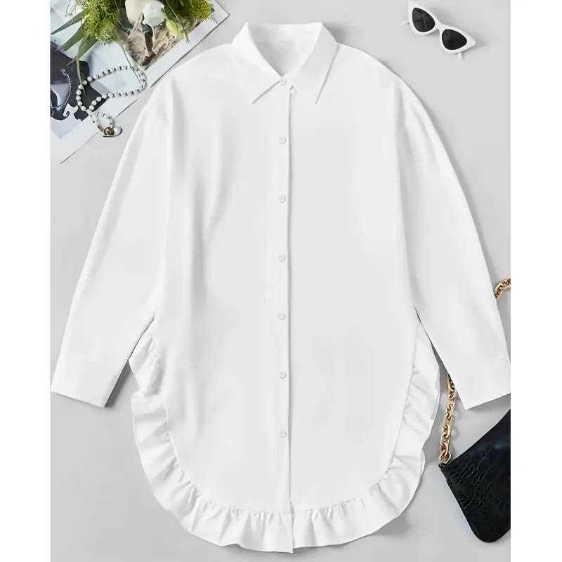 새로운 여성용 단색 셔츠 캐주얼 루즈 러플 밑단 셔츠 화이트 블랙