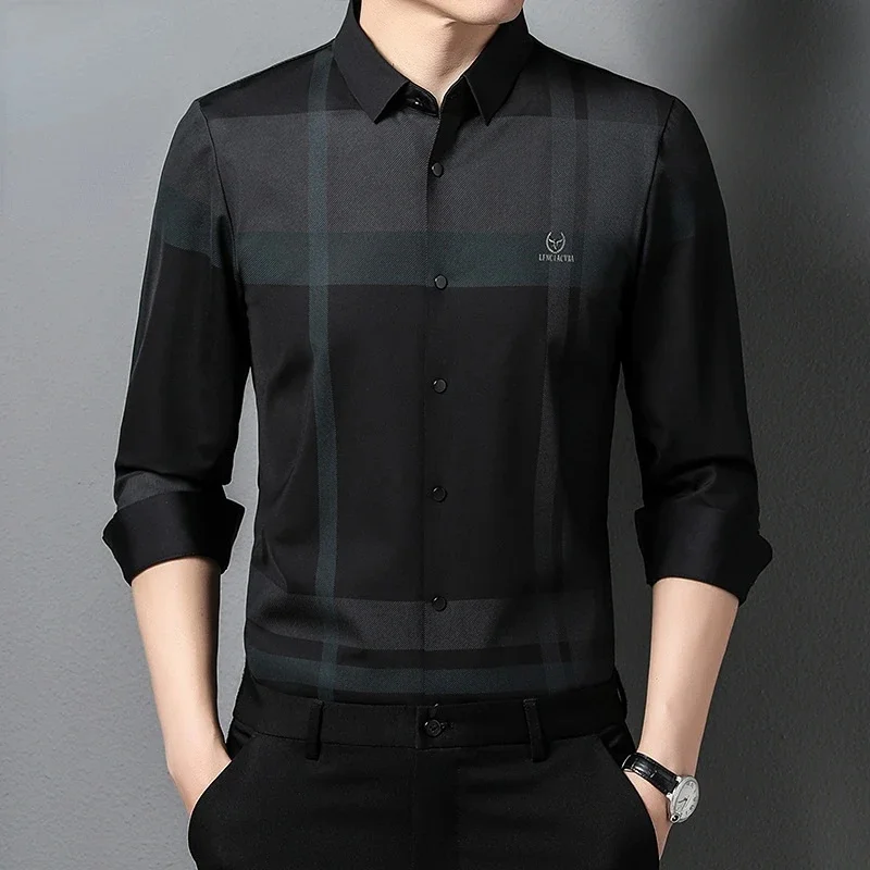 

Spring Autumn New Shirt Men's Long Sleeve s Male Clothes Business High End Mulberry Silk Social Plaid s