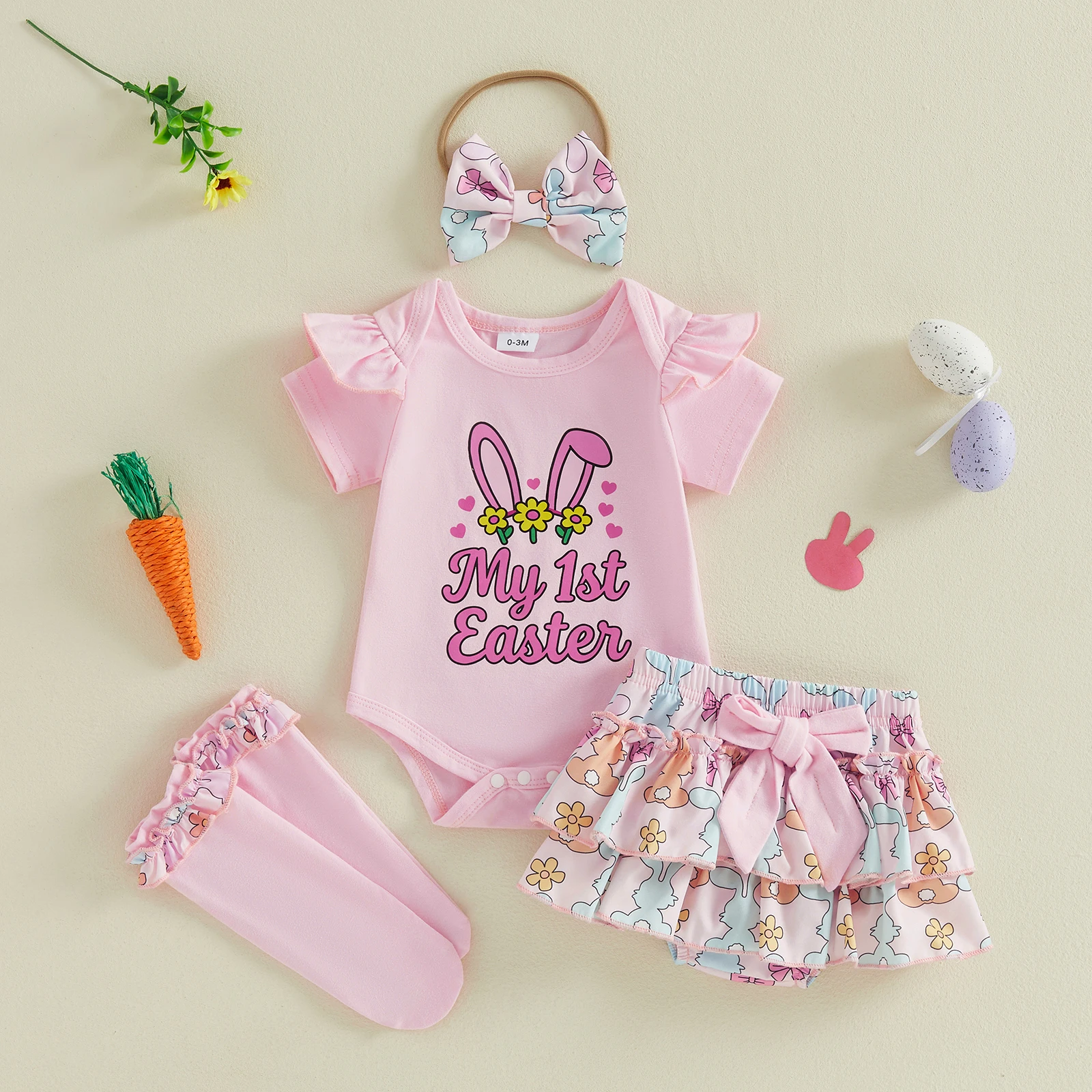 Baby Girl Easter Outfit Short Sleeve Letters Romper with Carrot/Bunny Shorts Bow Headband Socks Cute Baby Easter Costume view 5
