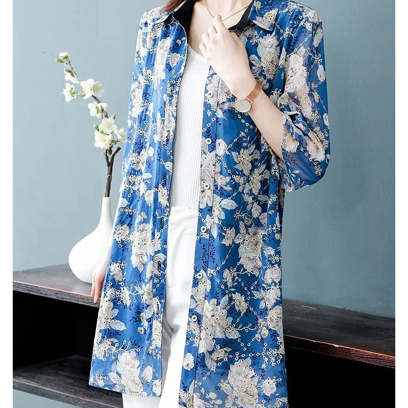 Summer POLO Collar Fashion Half Sleeve Shirt Women High Street Casual Loose Button Cardigan Printing Elegant Mid-length Blouse