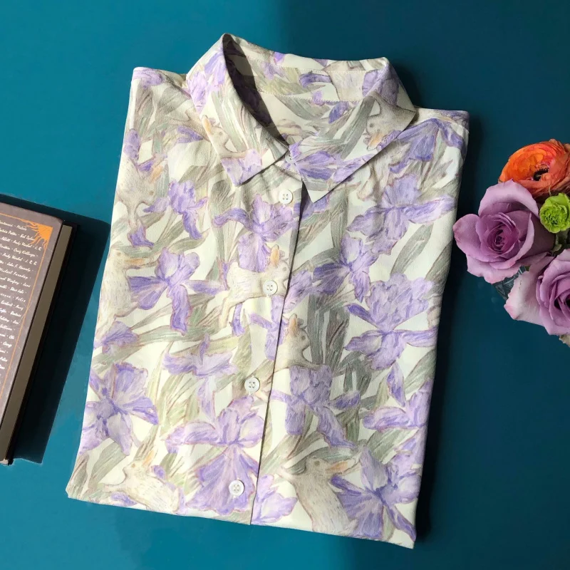 

Fresh and healing·Jade Hare Silk Shirt Cute Rabbit Flower-de-luce Lazy Elegant Long-Sleeved Lapel Shirt