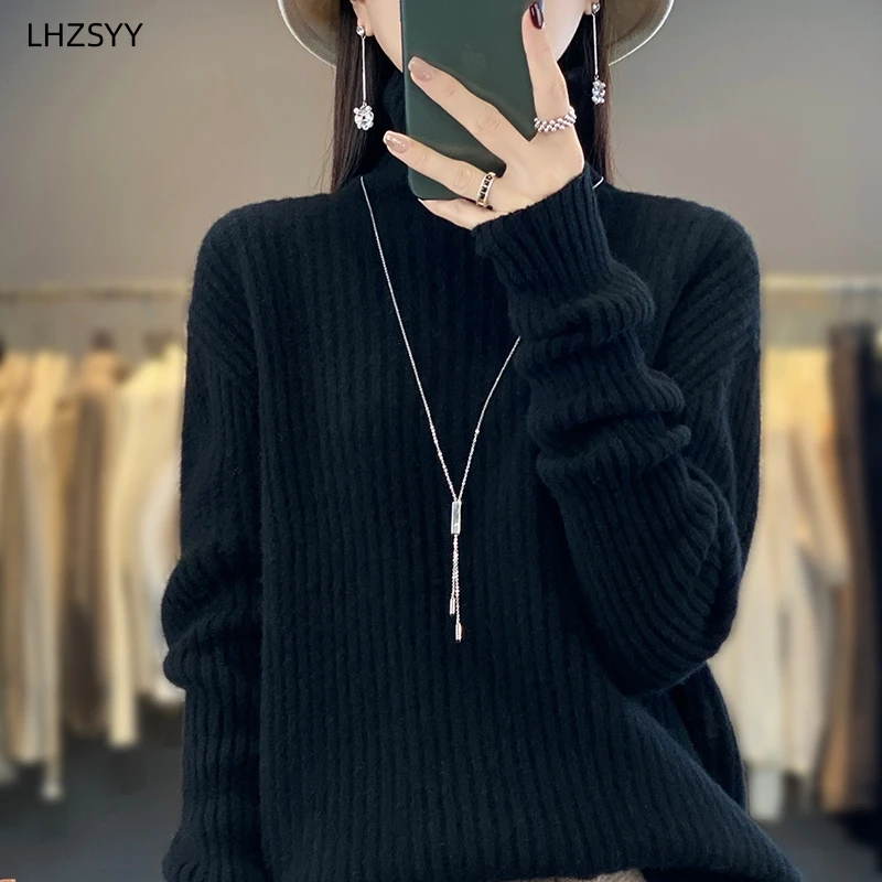 LHZSYY Autumn Winter New 100% Pure Wool Sweaters Women\'s Turtleneck Knit Base Shirt Loose All-match Warm Tops Cashmere Pullover