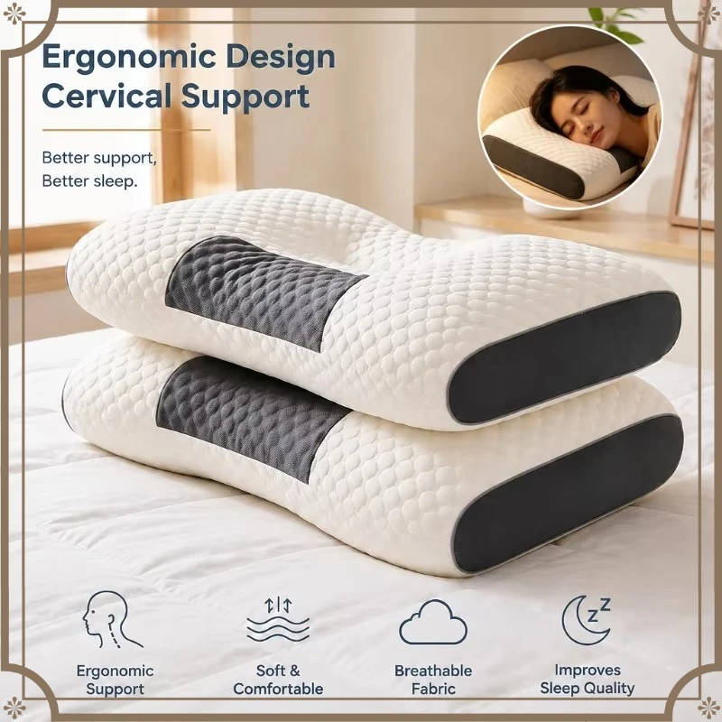Cervical Support Pillow Ergonomic Knitted Polyester Sleep Cushion for Adults Students Side & Back Sleepers