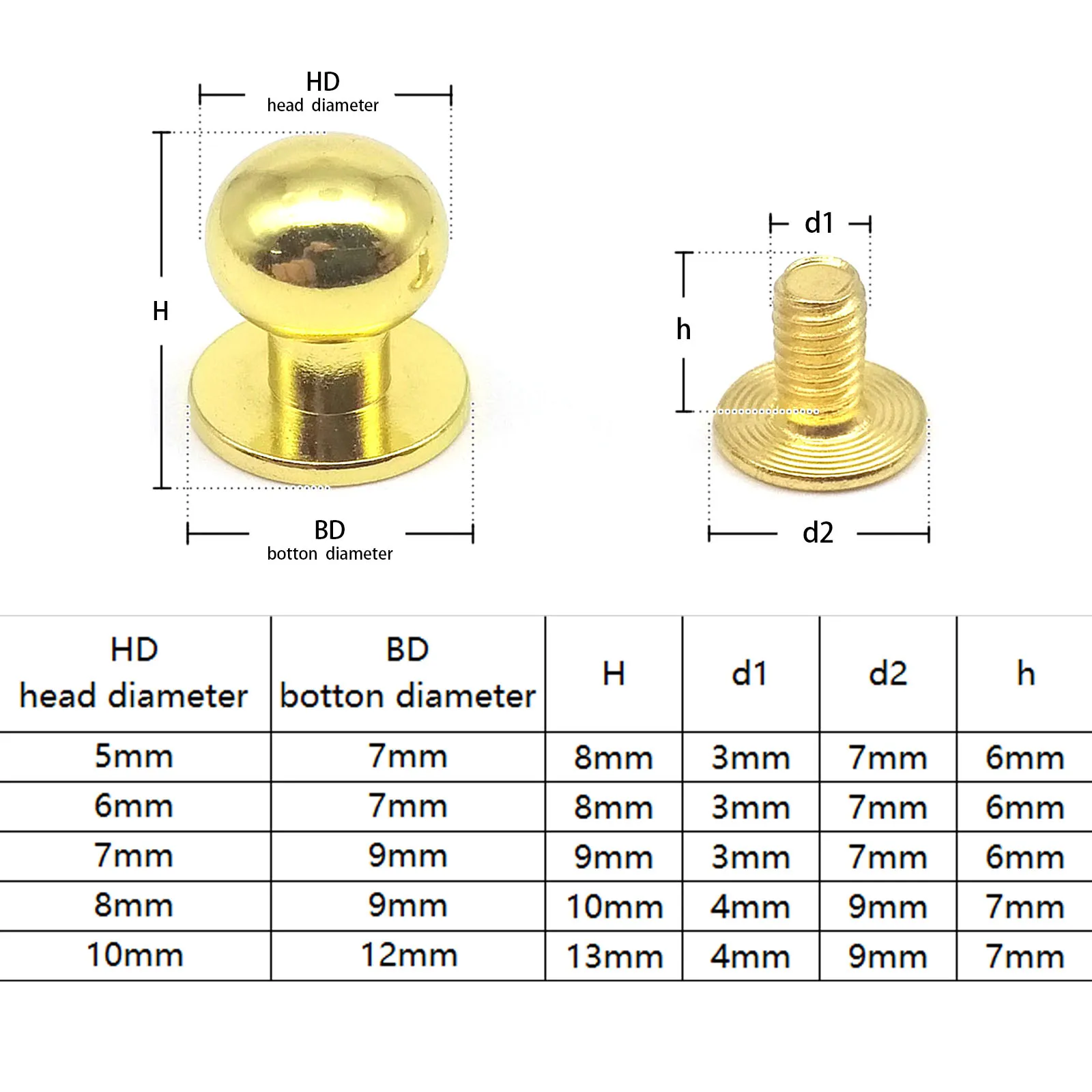 20 stücke 5-10mm Solide Messing Kupfer Runde Kugelkopf Chicago Schraube Zurück Post Nippel Stud Nagel niet Für Leder Tasche Geldbörse Gürtel Reparatur – Detail 15