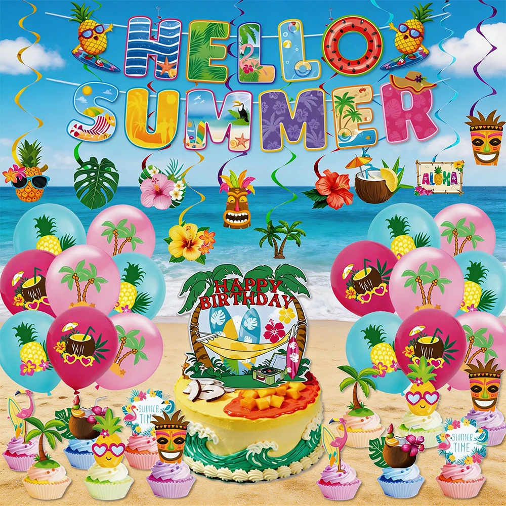 Hawaiian Luau Hello Summer Birthday Party Decorations Set – Aloha Tropical Balloon Banner Cake Topper Kit