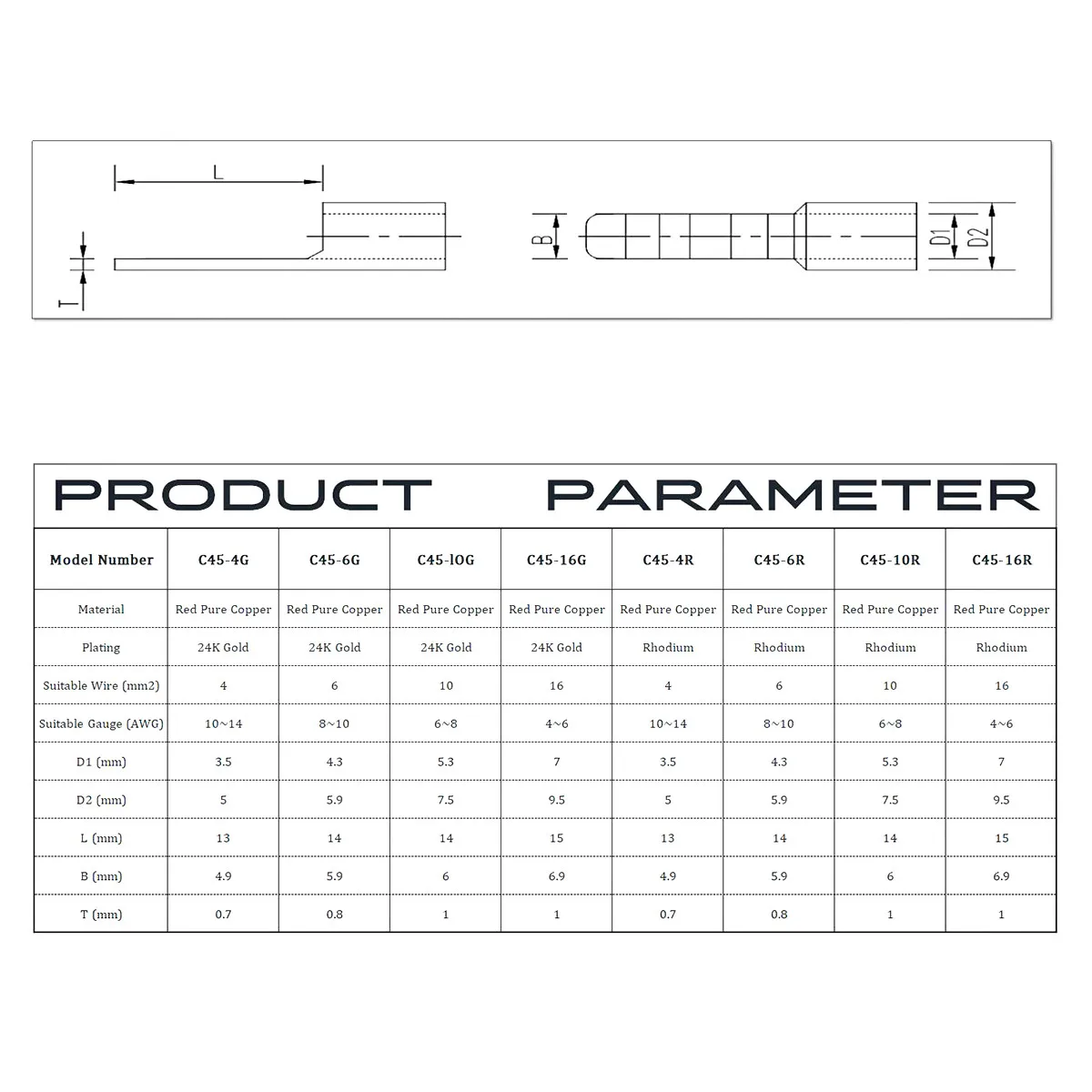 6 uds chapado en rodio C45-4 C45-6 C45-10 C45-16 inserto cuadrado DZ47 Pin abierto en forma de cobre junta de soldadura nariz extremo prensado en frío