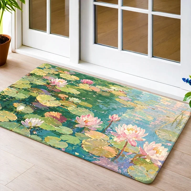Vibrant Lotus Flower Print Area Rug for Living Room Hallway Bohemian Floral Mat Green Pink Tropical Spring Decor Carpet Runner