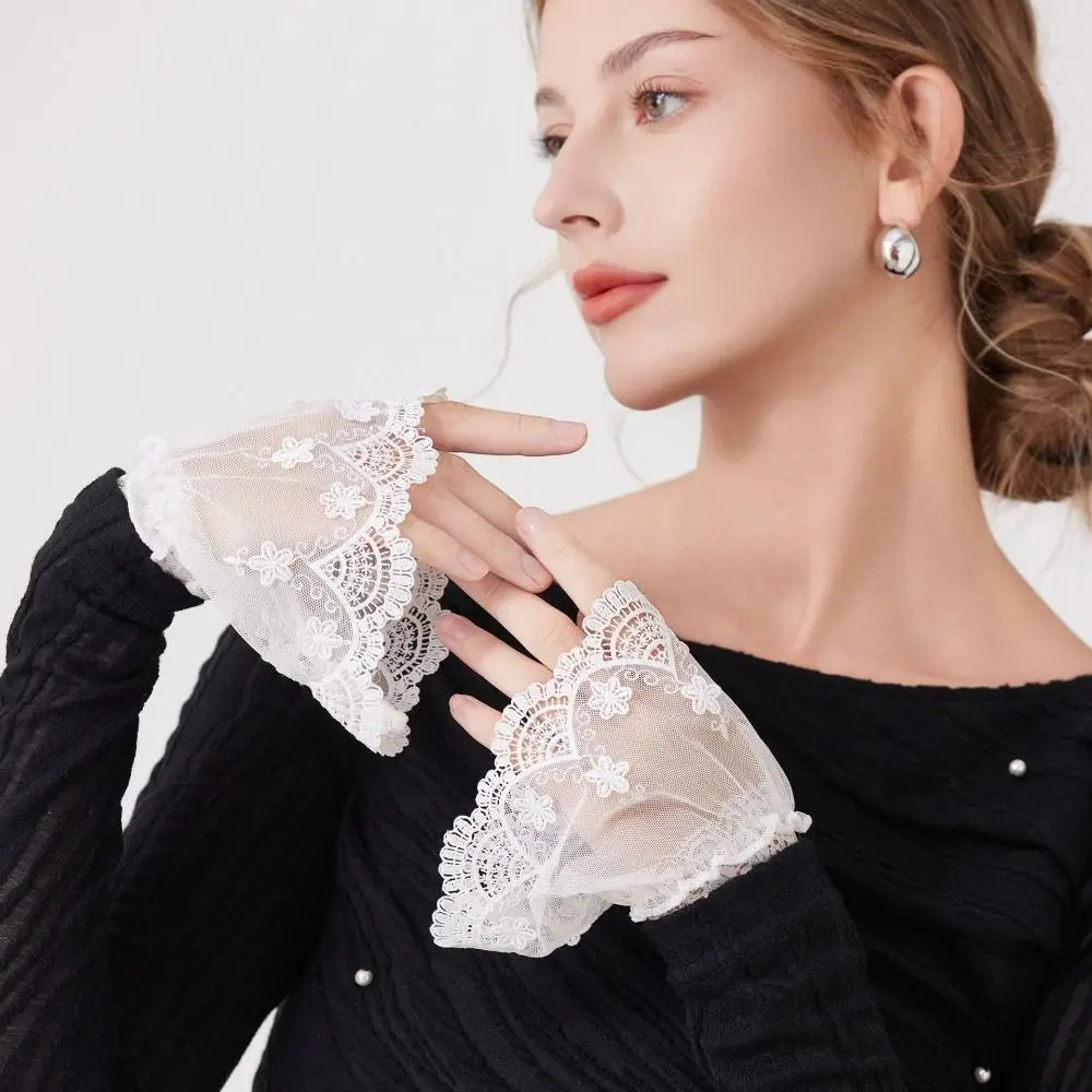 

Gift Double Layer Lace Fake Cuffs Flower Pleated Horn Cuffs Decoration Solid Elastic False Cuff Sleeve Women's Daily Wear
