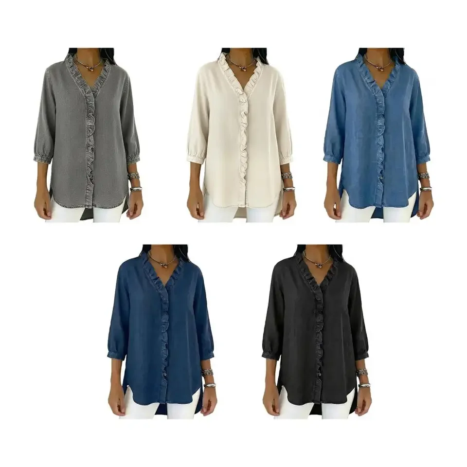 

Женская свободная рубашка большого размера, летняя повседневная футболка с V-образным вырезом и коротким рукавом, элегантный топ с рюшами