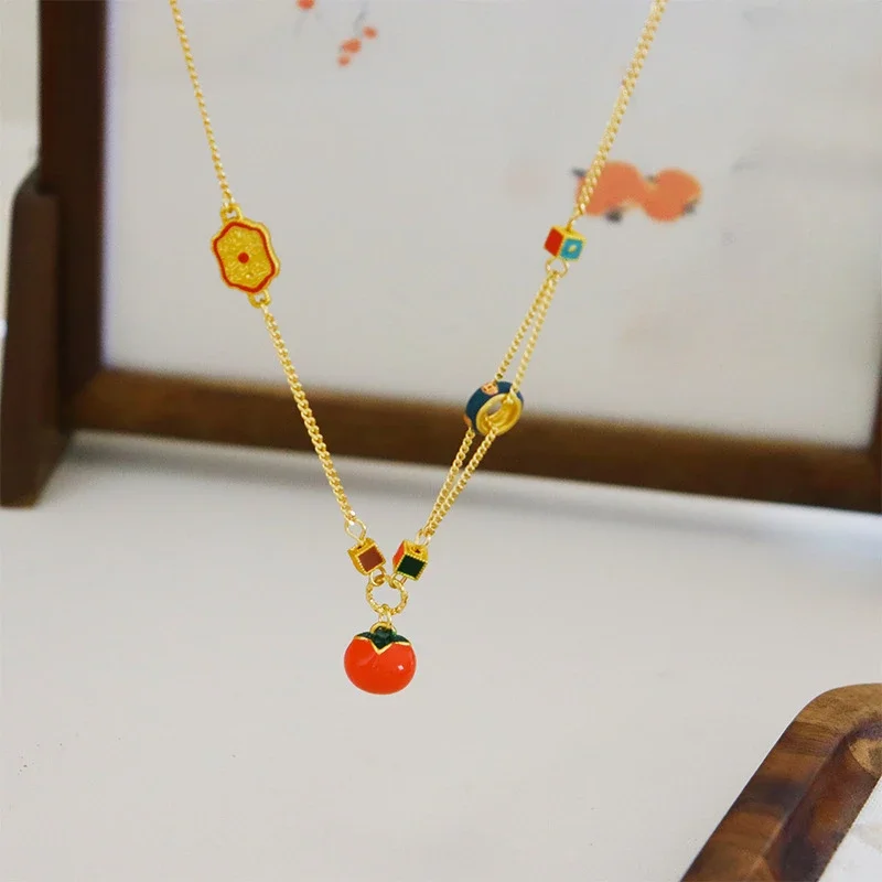 Fashion Jewelry Sweet Temperament Enamel Persimmon Fruit Pendant Necklace Bracelets For Women Accessories Gifts Hot Selling