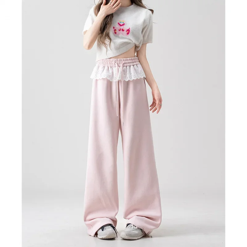الوردي الدانتيل الربط تصميم واسعة الساق السراويل النسائية فضفاضة عارضة Sweatpants ربيع جديد نمط التخسيس تأثير مريح صالح