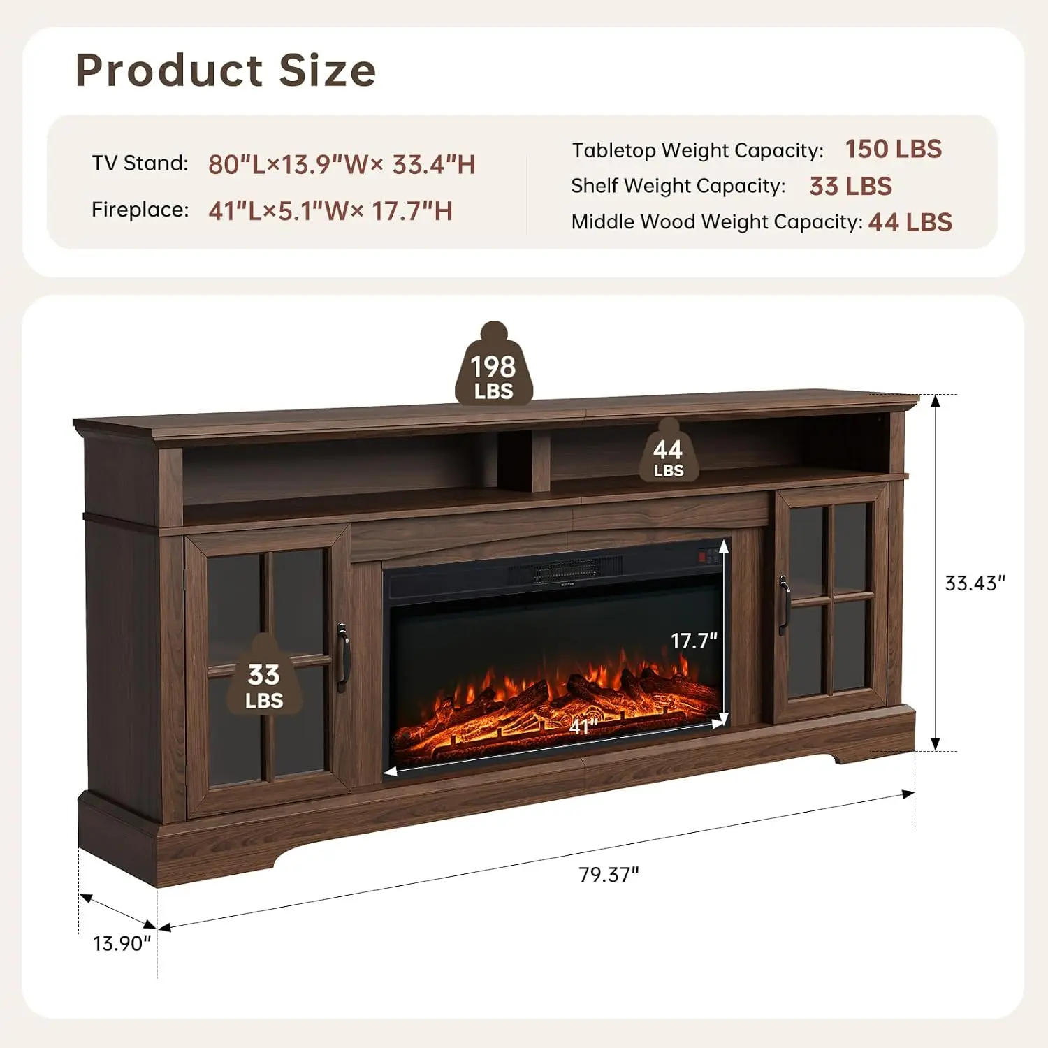 80" Fireplace TV Stand For TVs Up To 87" With Storage Cabinets Media Console Living Room Brown & Black, Customized