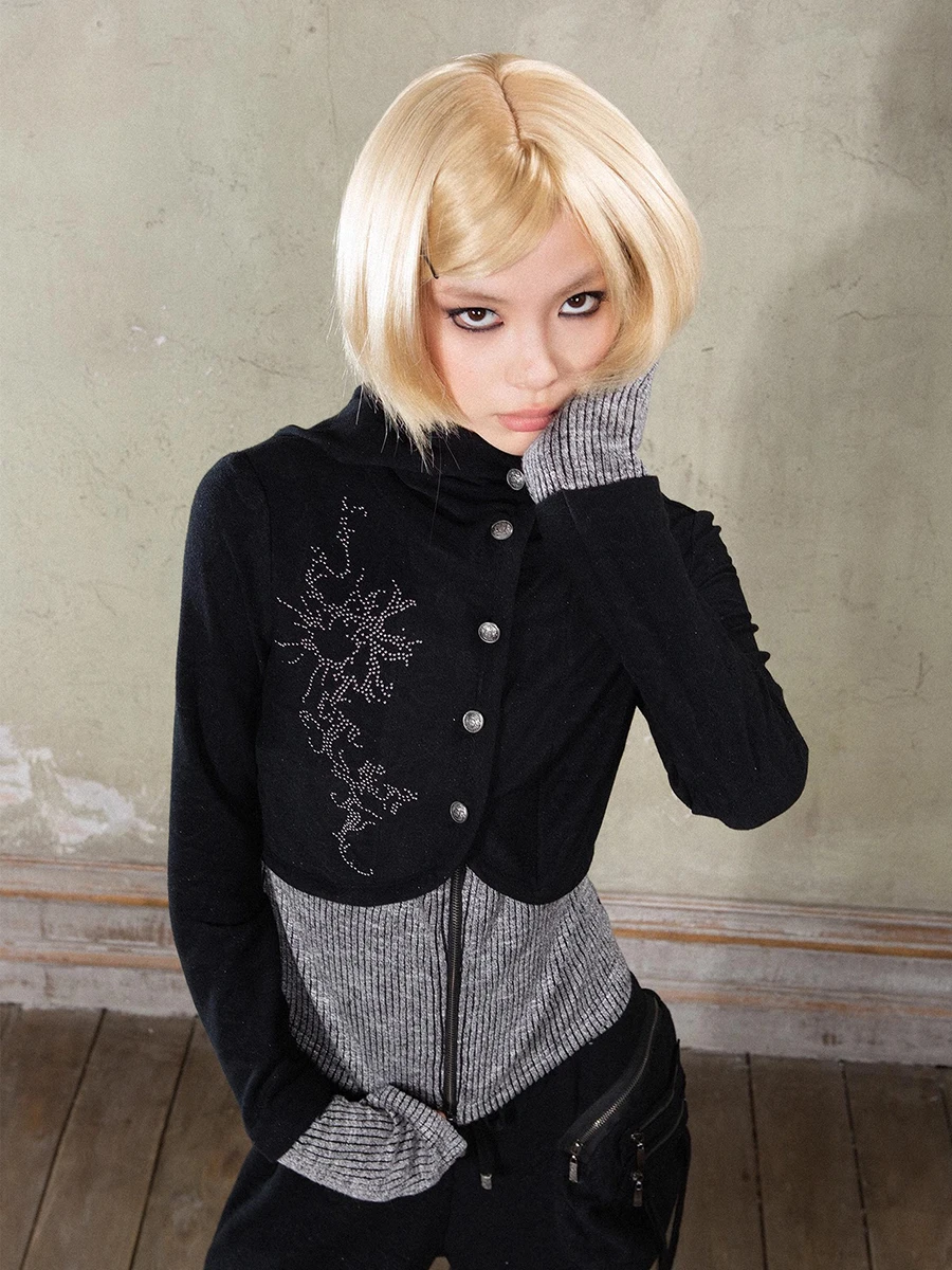 REDDACHiC 美的女性ジップアップスウェットシャツジャケット光沢のあるヒョウステッチニット長袖カーディガンフード付きトップグランジ Y2k 服