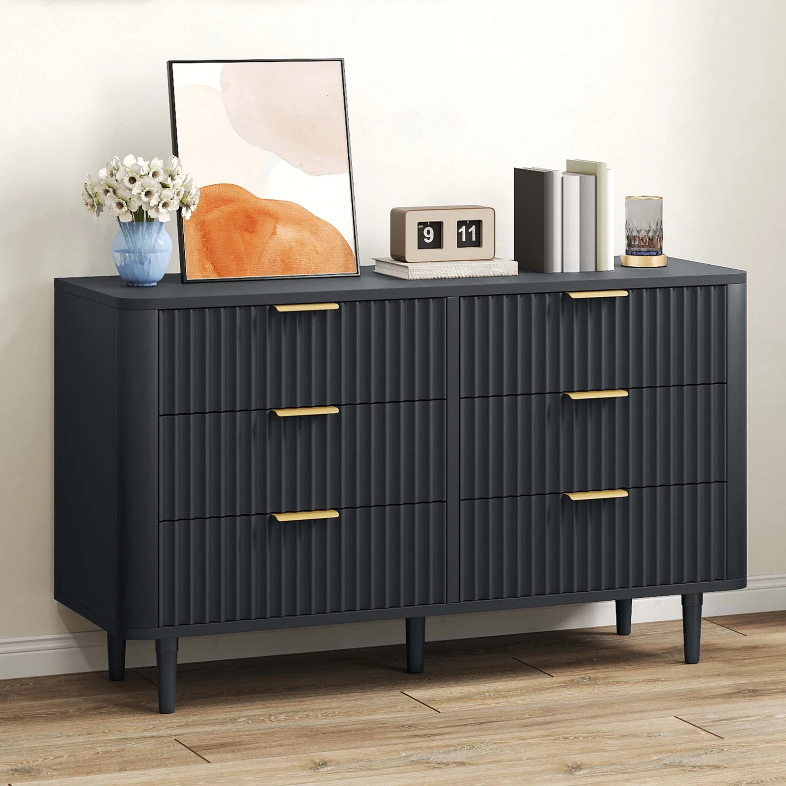 

6 Drawer Dresser with Fluted Panel Storage Organizer Chest of Drawers