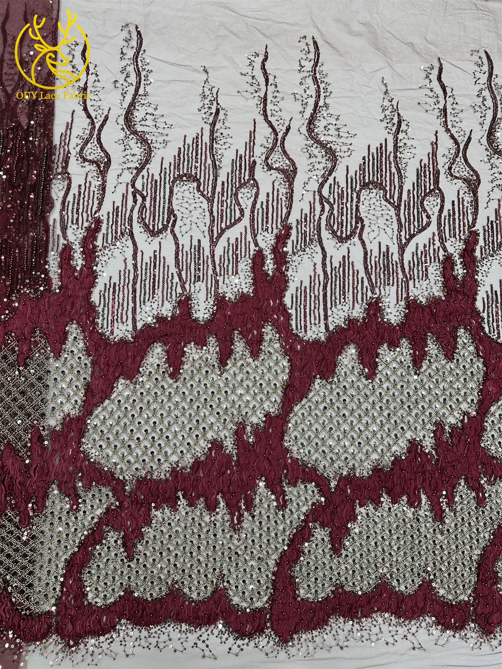 2026 Neues Design Französischer Perlen-Tüll-Spitzenstoff Weinrot Nigerianischer Afrikanischer Pailletten-Netzstoff für Abendkleider 5 Yards – Detail 9