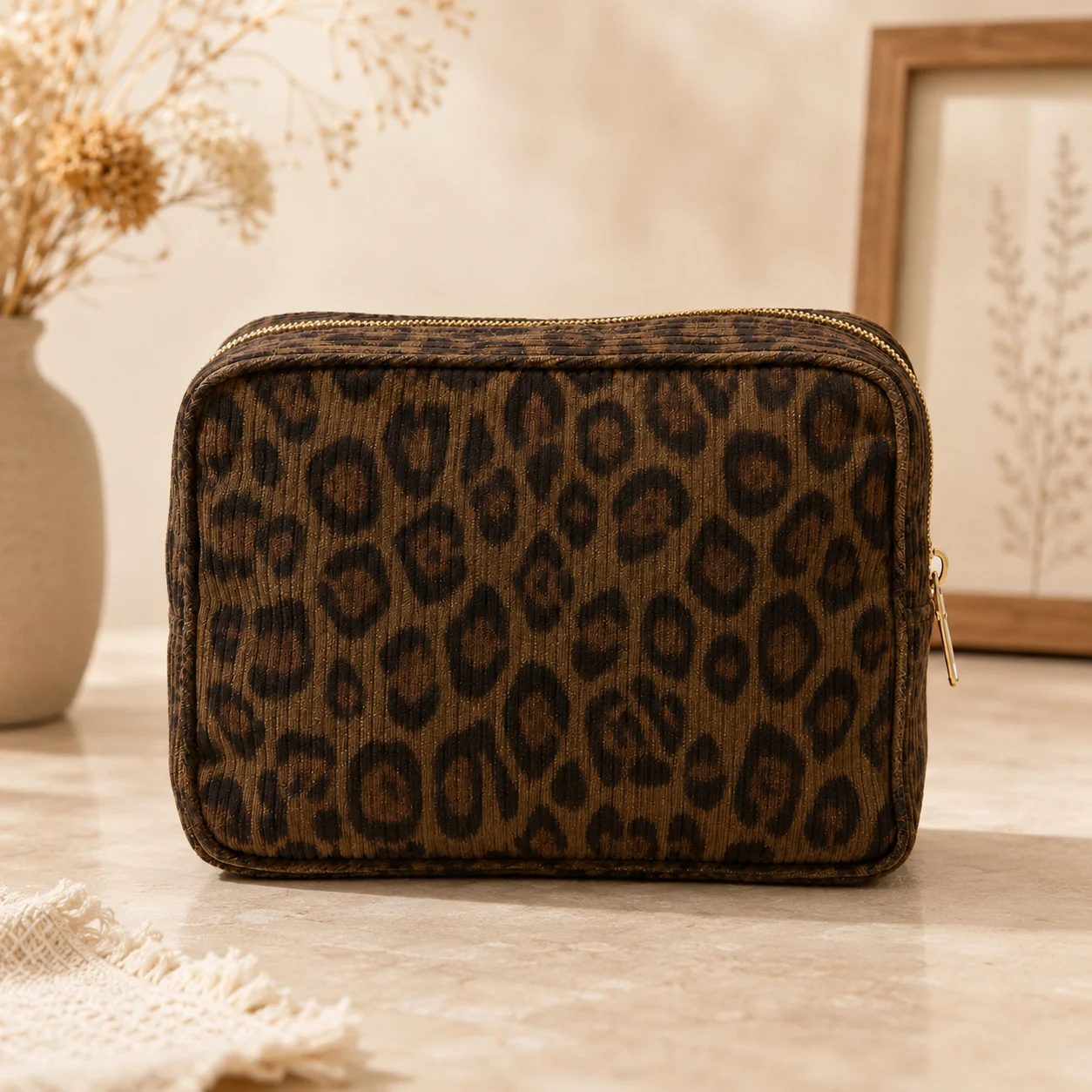 Leopard Cosmetic Bag Vintage Corduroy Makeup Pouch for Women Vanity Weekend Travel Toiletry Case Beauty Organizer Storage