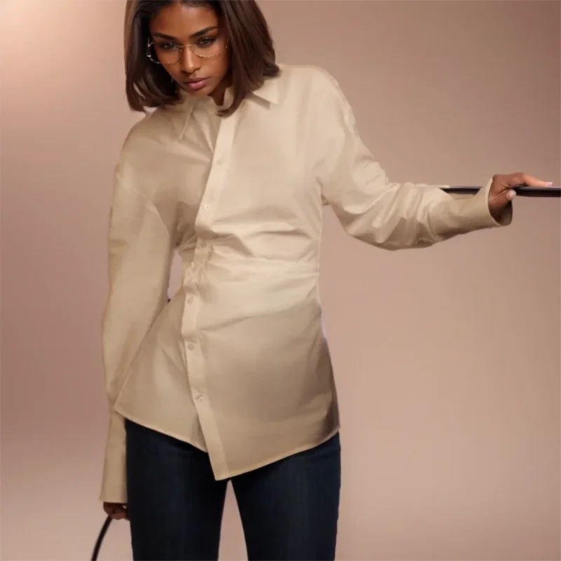 

2025 Новая хлопковая белая приталенная женская рубашка с длинными рукавами и воротником-стойкой, асимметричный топ с открытым передом