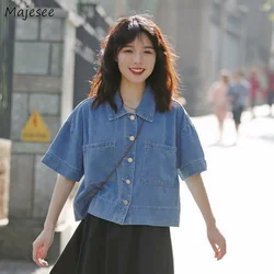 Shirt Women Summer Denim Chic Retro Design Baggy Stylish Popular All-match Fashion Pockets Korean Style Classic Teenagers Ins