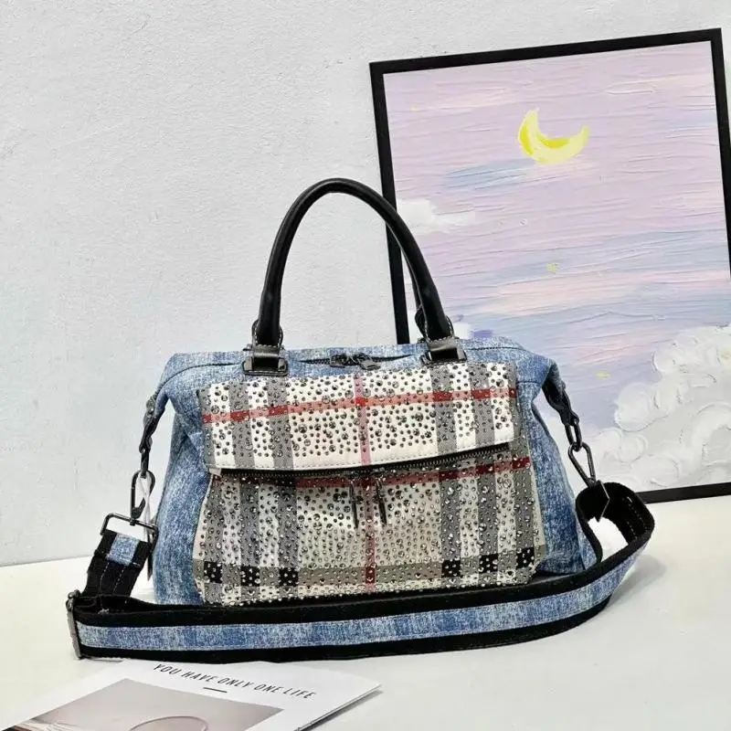 

Light Luxury Fashion Diamond Inlaid Denim Large Capacity Handbag European / American Trendy Brand Single Shoulder Crossbody Bag