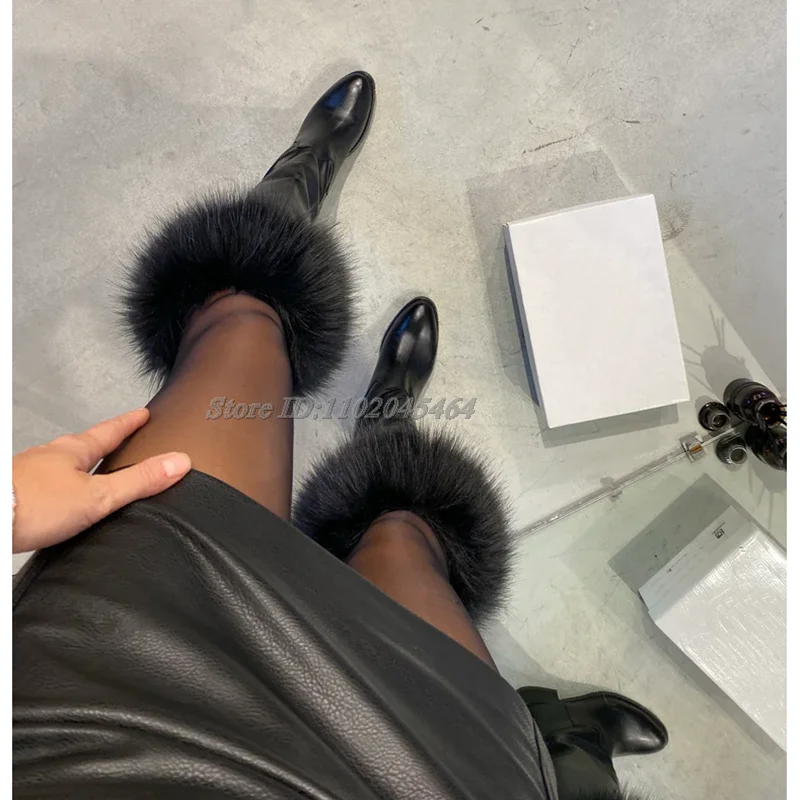 Black Leather Fur Knee High Boots Women's Low Chunky Heels Round Toe Sexy Big Size Soft Tall Boot 2025 New Luxury Designer Shoes