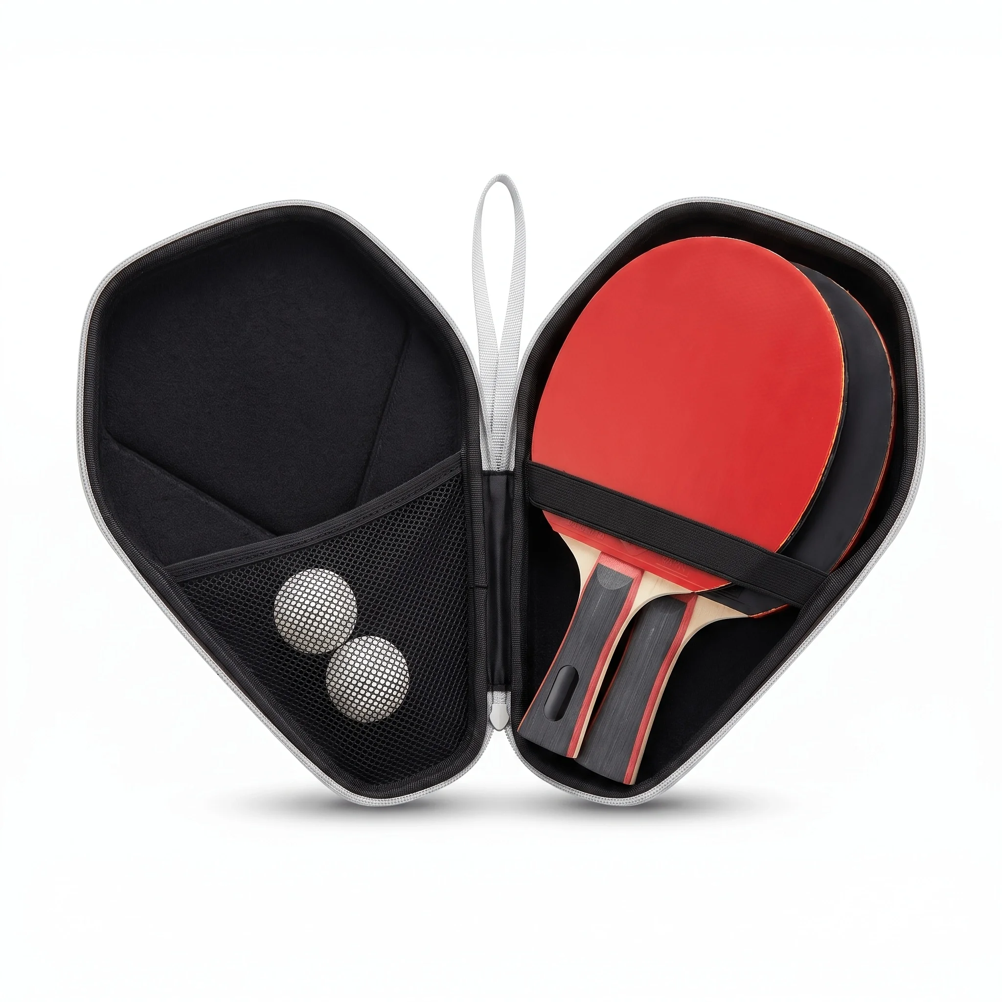 Hard Shell Table Tennis Paddle Case for 2 Rackets 2 Balls, Felt Ping Pong Racket Storage Bag with Mesh Pocket & Wrist Strap