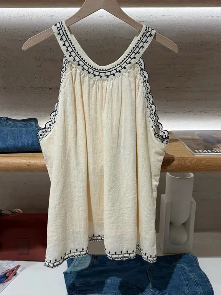 

HEIDD Summer Vacation Style Embroidered Lace Trim round Neck Sleeveless Strap Top Women Loose Fit Cotton Casual Vest