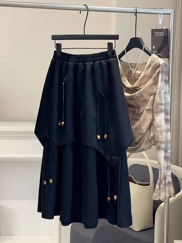 

plus Size 300 Pou Bla High Waist A-Line Midi Skirt Women's Autumn Winter Casual Flower Bud Skirt Slimming Anti-Aging